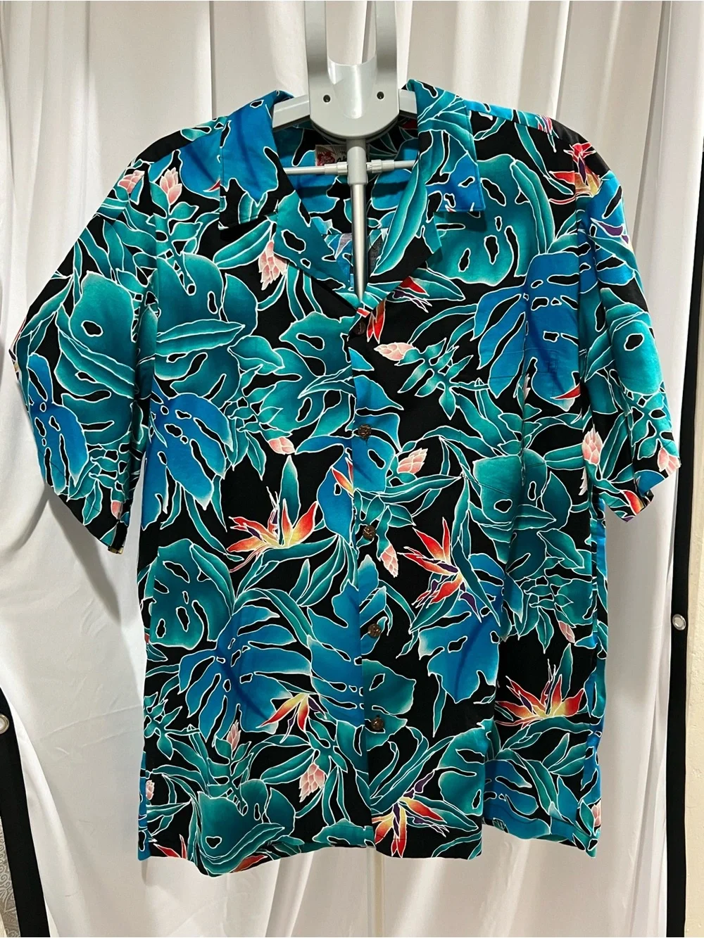 Men's Black Tropical Leaf Button-Down Shirt in Teal Blue